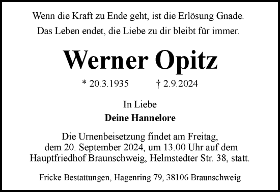 Traueranzeige von Werner Opitz von Braunschweiger Zeitung