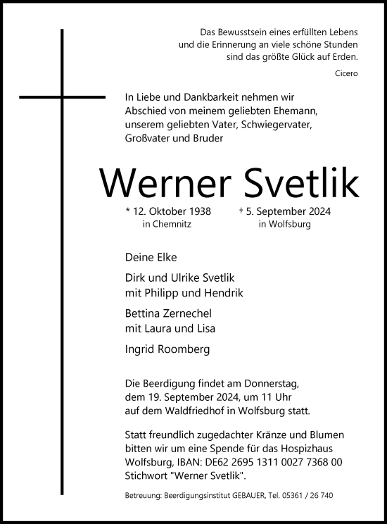 Traueranzeige von Werner Svetlik von Wolfsburger Nachrichten