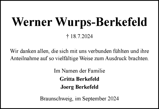Traueranzeige von Werner Wurps-Berkefeld von Braunschweiger Zeitung