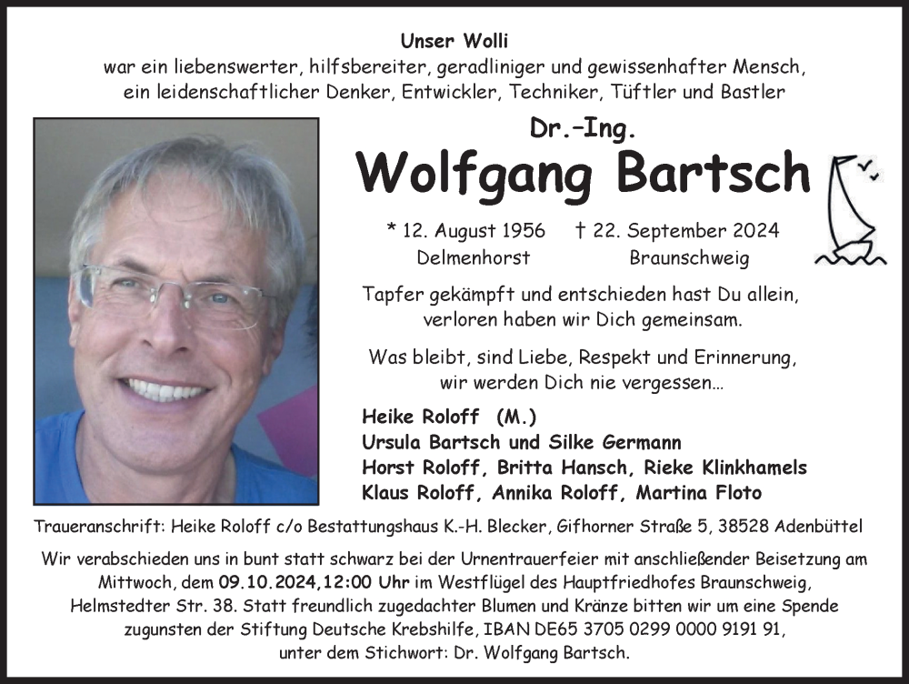  Traueranzeige für Wolfgang Bartsch vom 28.09.2024 aus Braunschweiger Zeitung