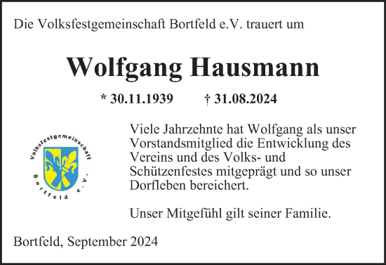 Traueranzeige von Wolfgang Hausmann von Peiner Nachrichten