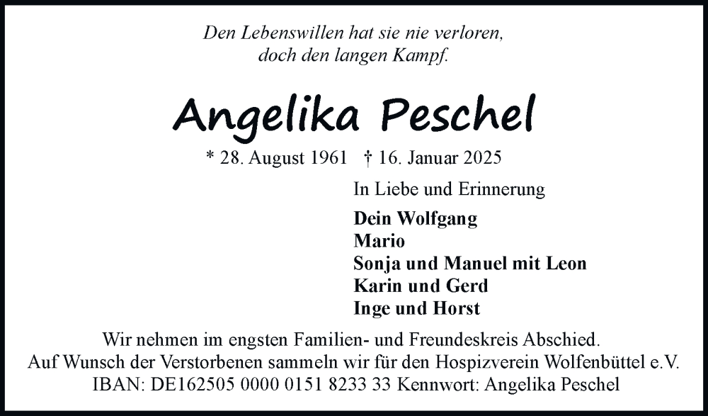  Traueranzeige für Angelika Peschel vom 18.01.2025 aus 