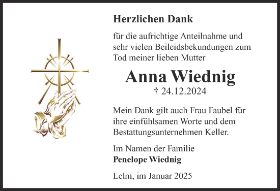 Traueranzeige von Anna Wiednig von Helmstedter Nachrichten