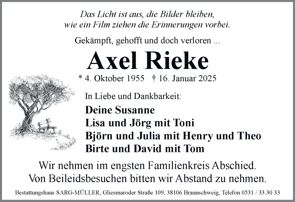  Traueranzeige für Axel Rieke vom 25.01.2025 aus 
