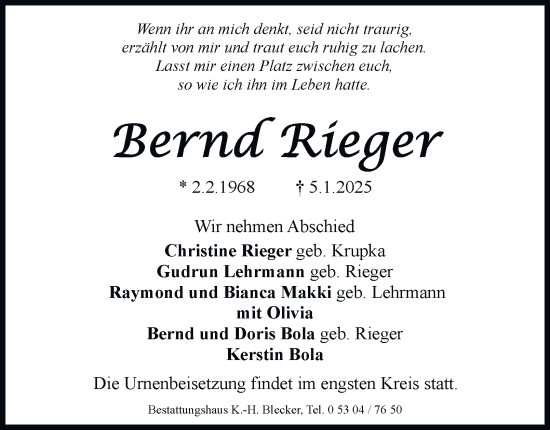 Traueranzeige von Bernd Rieger 