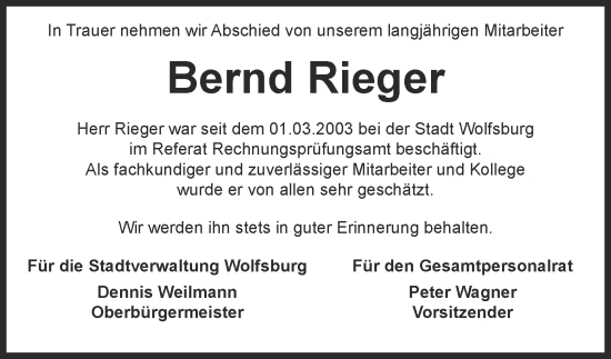 Traueranzeige von Bernd Rieger 