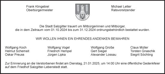 Traueranzeige von Bestattungen vom 17.01.2025 von Salzgitter-Zeitung