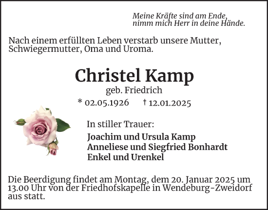 Traueranzeige von Christel Kamp von Peiner Nachrichten