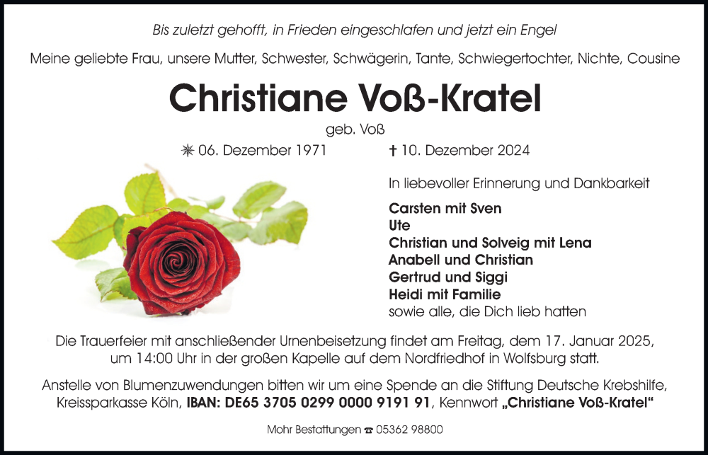 Traueranzeige für Christiane Voß-Kratel vom 04.01.2025 aus 
