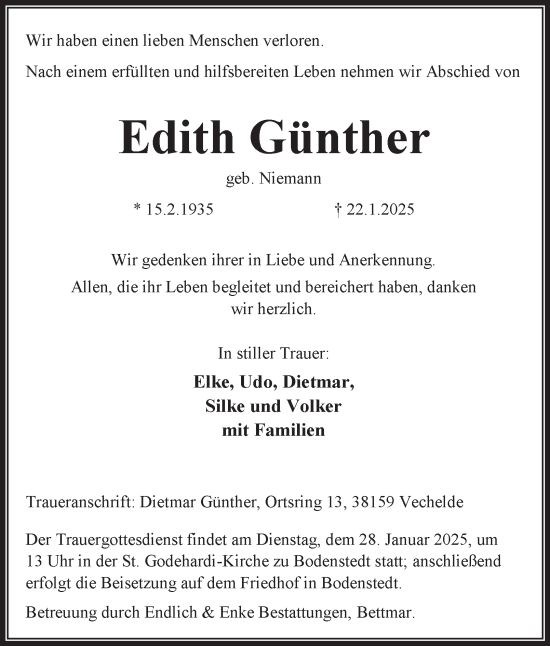Traueranzeige von Edith Günther von Peiner Nachrichten