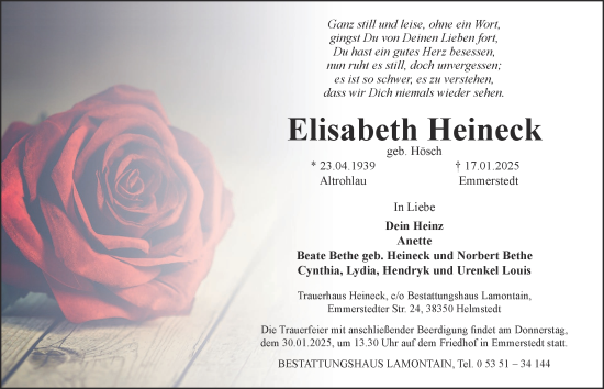 Traueranzeige von Elisabeth Heineck von Helmstedter Nachrichten