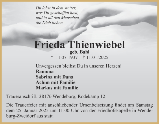 Traueranzeige von Frieda Thienwiebel von Peiner Nachrichten