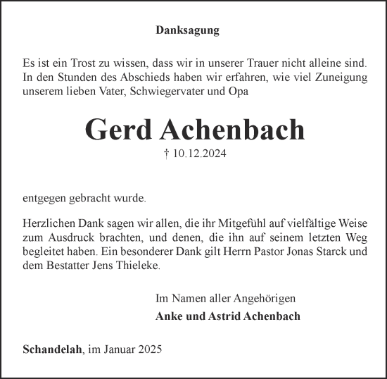 Traueranzeige von Gerd Achenbach von Wolfenbütteler Zeitung