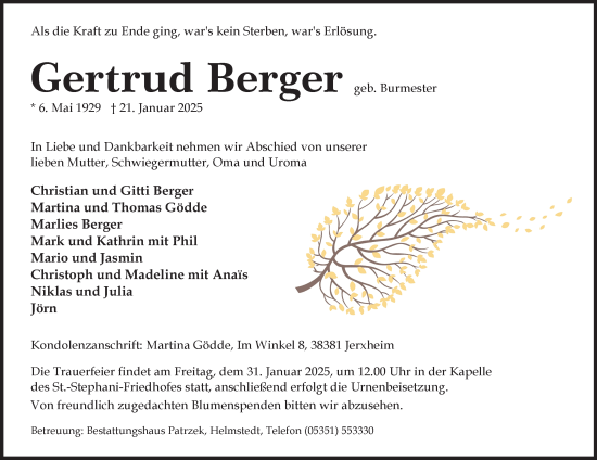 Traueranzeige von Gertrud Berger von Helmstedter Nachrichten