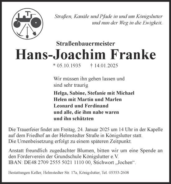 Traueranzeige von Hans-Joachim Franke 