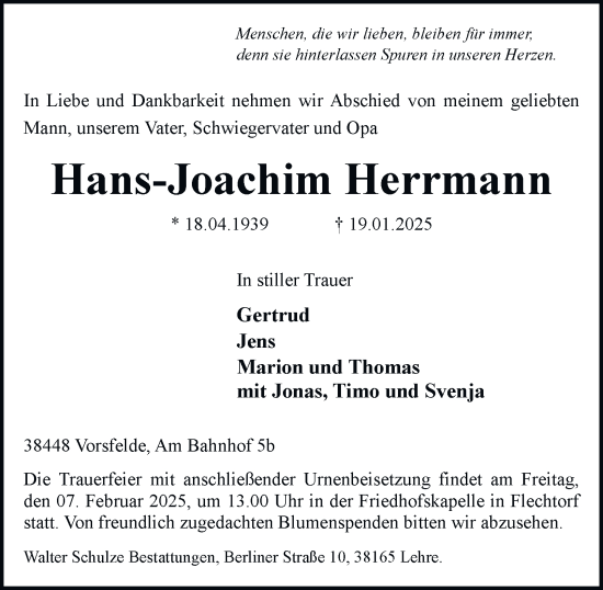 Traueranzeige von Hans-Joachim Herrmann von Helmstedter Nachrichten