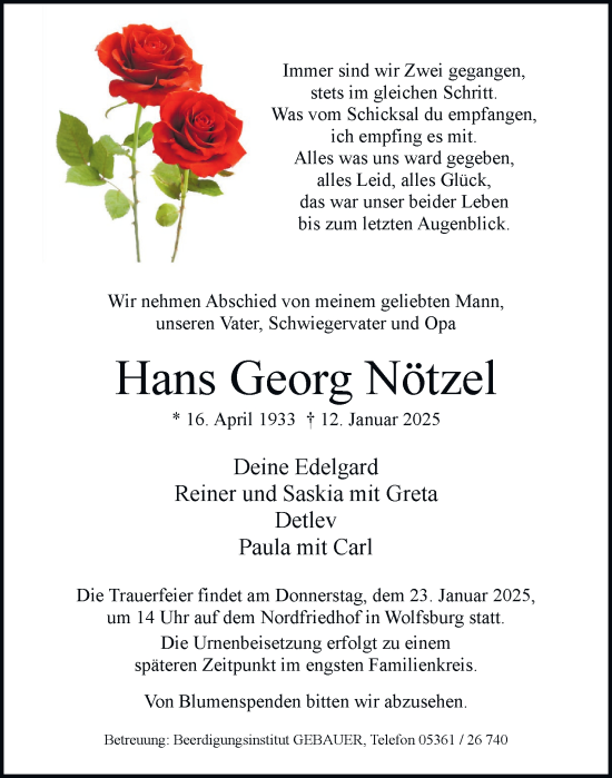 Traueranzeige von Hans Georg Nötzel 