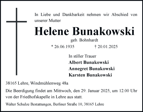 Traueranzeige von Helene Bunakowski 