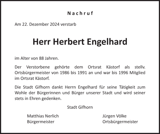 Traueranzeige von Herbert Engelhard 