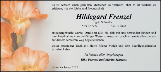 Traueranzeige von Hildegard Frenzel von Helmstedter Nachrichten