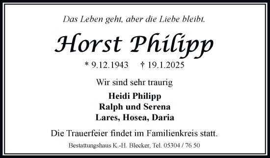 Traueranzeige von Horst Philipp von Peiner Nachrichten