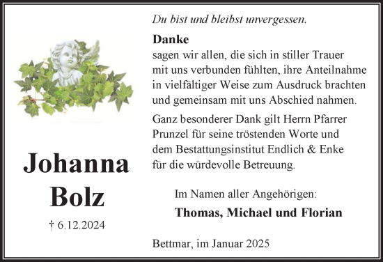 Traueranzeige von Johanna Bolz von Peiner Nachrichten