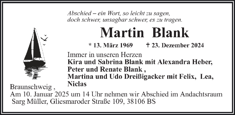  Traueranzeige für Martin Blank vom 07.01.2025 aus 