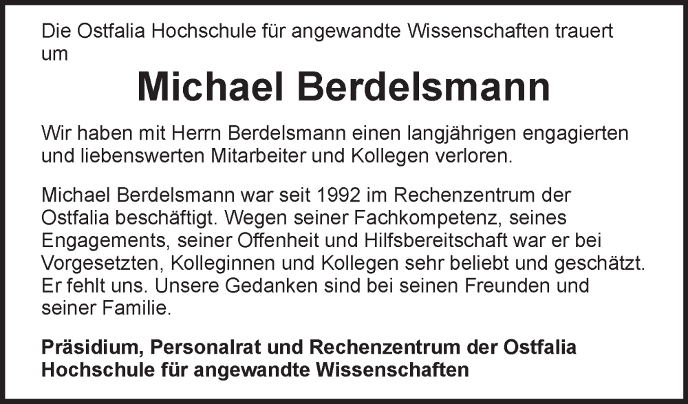  Traueranzeige für Michael Berdelsmann vom 15.01.2025 aus 