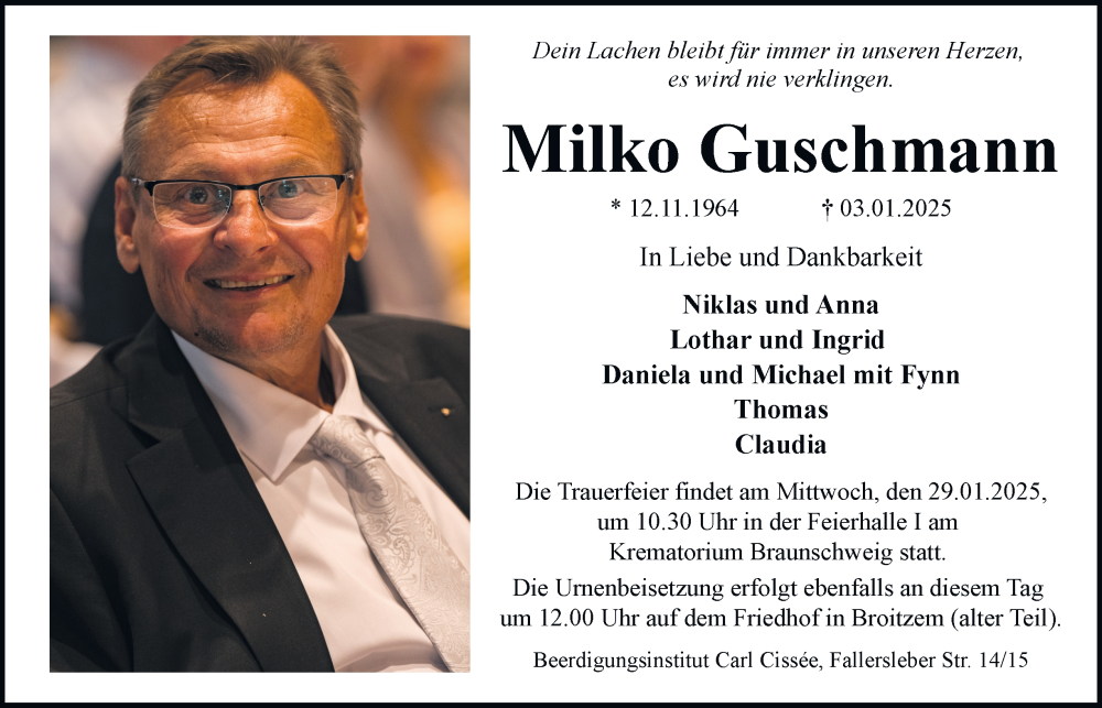  Traueranzeige für Milko Guschmann vom 18.01.2025 aus 