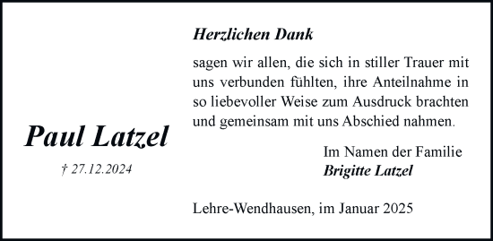 Traueranzeige von Paul Latzel 