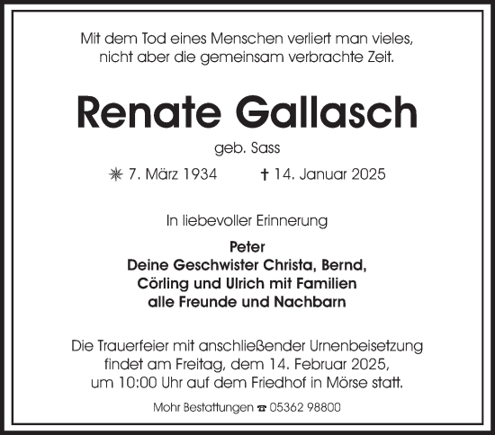 Traueranzeige von Renate Gallasch 