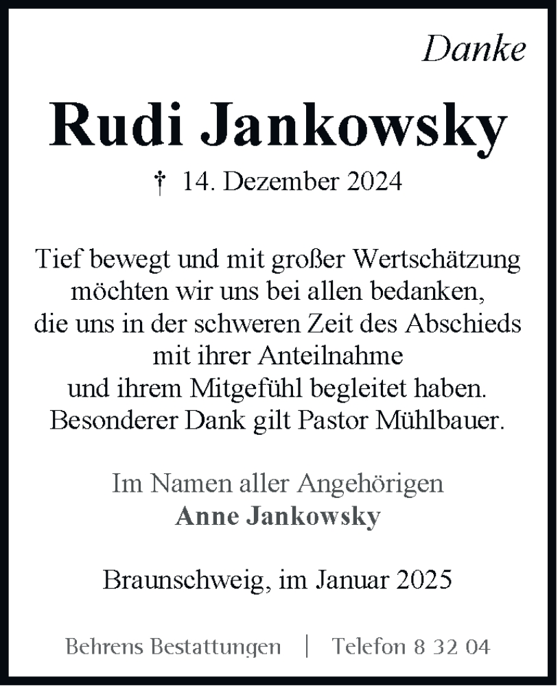 Traueranzeige für Rudi Jankowsky vom 11.01.2025 aus 
