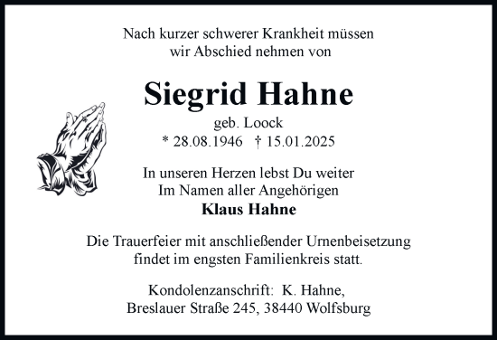 Traueranzeige von Siegrid Hahne 