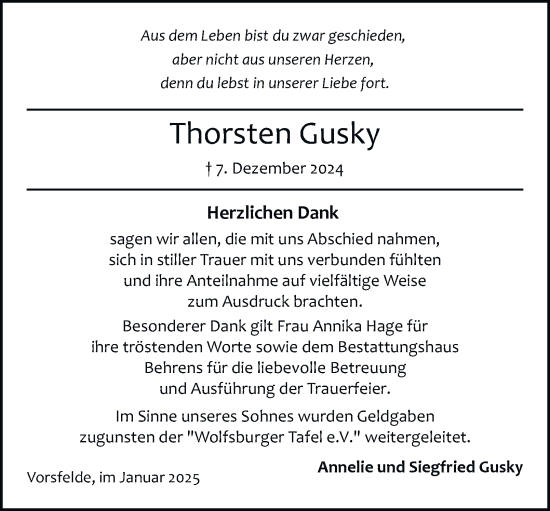 Traueranzeige von Thorsten Gusky 