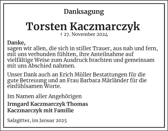 Traueranzeige von Torsten Kaczmarczyk von Salzgitter-Zeitung