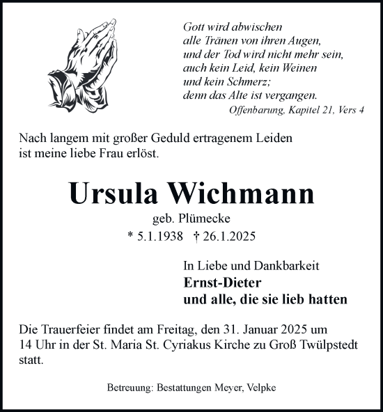 Traueranzeige von Ursula Wichmann von Helmstedter Nachrichten