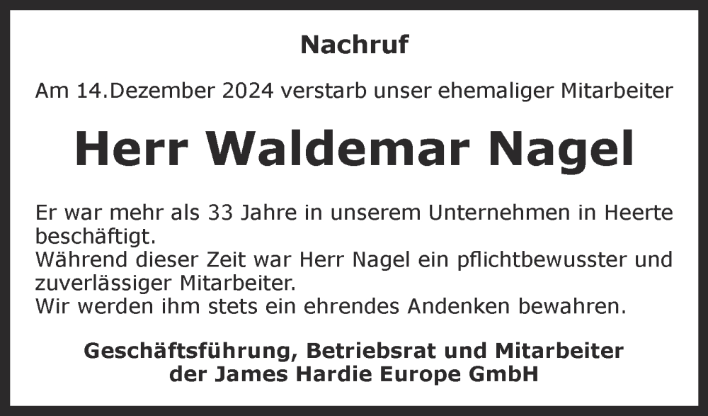  Traueranzeige für Waldemar Nagel vom 18.01.2025 aus Salzgitter-Zeitung