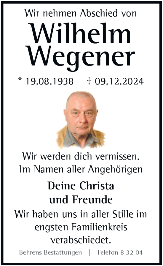 Traueranzeige von Wilhelm Wegener 