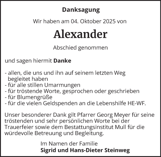 Traueranzeige von Alexander Steinweg von Wolfenbütteler Zeitung