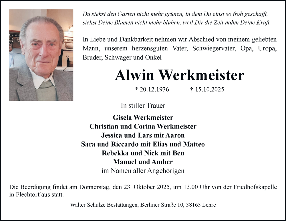  Traueranzeige für Alwin Werkmeister vom 18.10.2025 aus Helmstedter Nachrichten