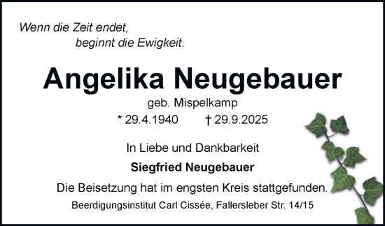 Traueranzeige von Angelika Neugebauer von Braunschweiger Zeitung
