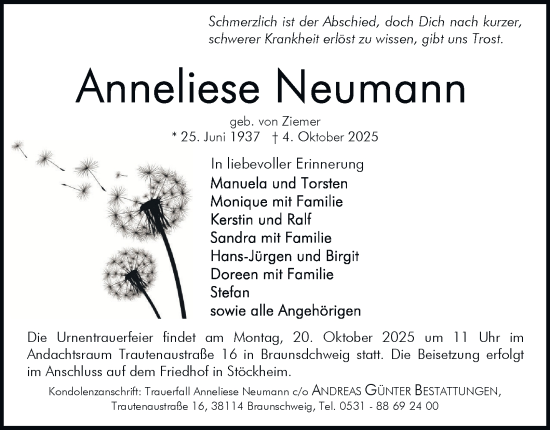 Traueranzeige von Anneliese Neumann von Braunschweiger Zeitung