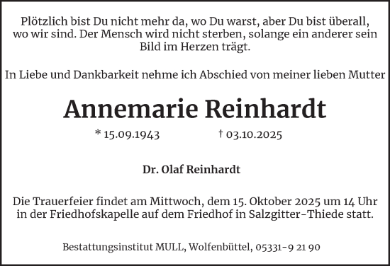 Traueranzeige von Annemarie Reinhardt von Braunschweiger Zeitung