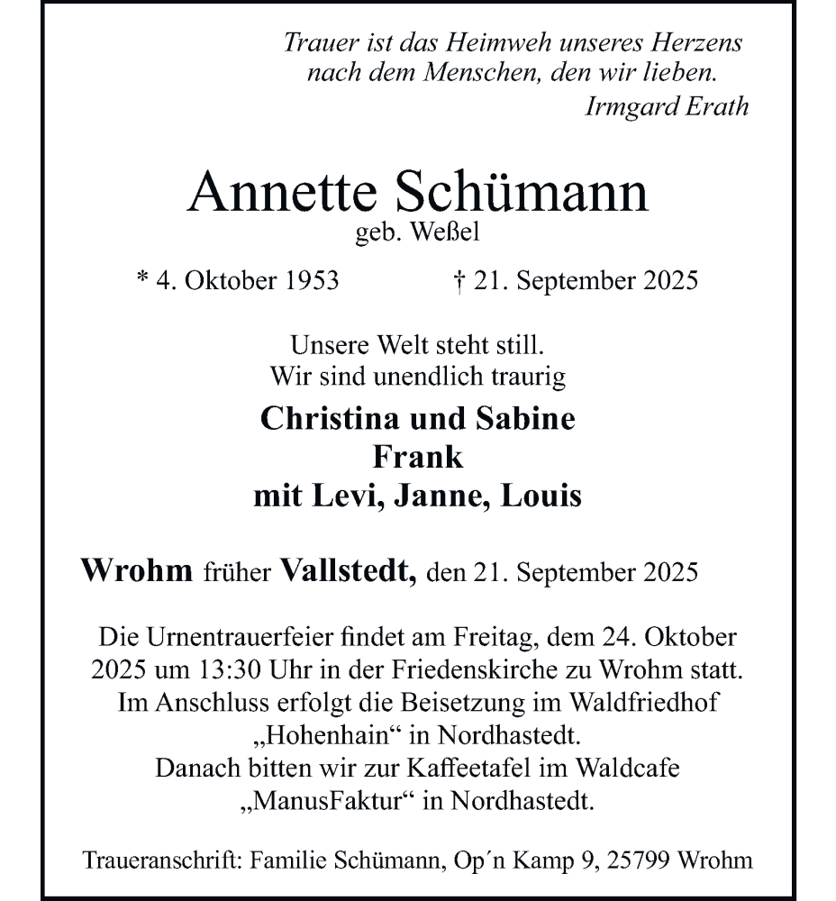  Traueranzeige für Annette Schümann vom 14.10.2025 aus Braunschweiger Zeitung