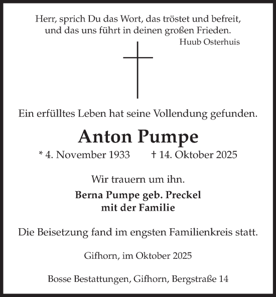 Traueranzeige von Anton Pumpe von Braunschweiger Zeitung, Wolfsburger Nachrichten