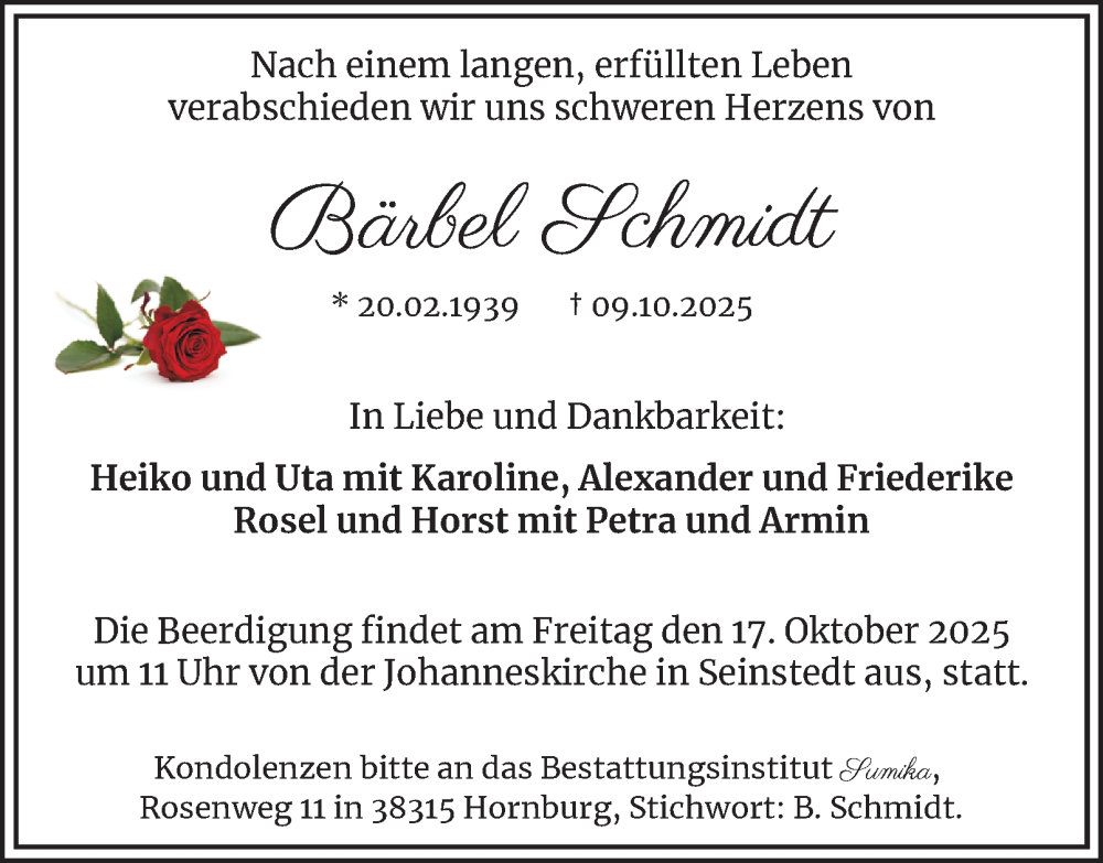  Traueranzeige für Bärbel Schmidt vom 15.10.2025 aus Wolfenbütteler Zeitung