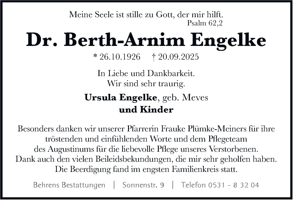  Traueranzeige für Berth-Arnim Engelke vom 18.10.2025 aus Braunschweiger Zeitung