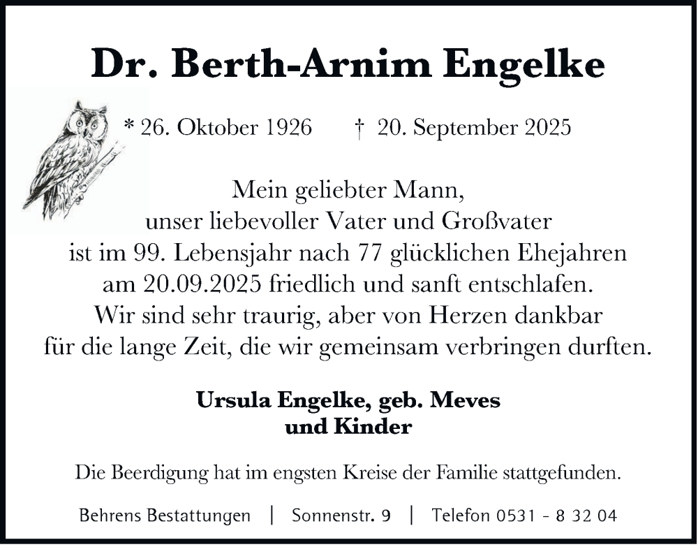  Traueranzeige für Berth-Arnim Engelke vom 04.10.2025 aus Braunschweiger Zeitung