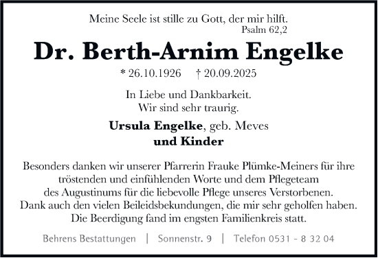Traueranzeige von Berth-Arnim Engelke von Braunschweiger Zeitung