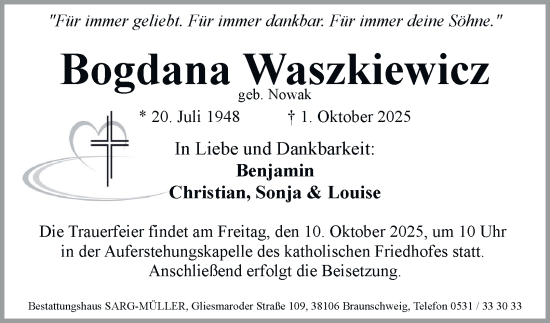 Traueranzeige von Bogdana Waszkiewicz von Braunschweiger Zeitung